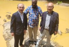 Prof Amoabeng (middle) with Prof Umeda (right) and Ohta during their visit to the Birim River