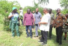 • Mr Owusu-Bio (second from left) with officials of the Ministry and Forestry Commission during the tour Photo: Anita Nyarko-Yirenkyicreated