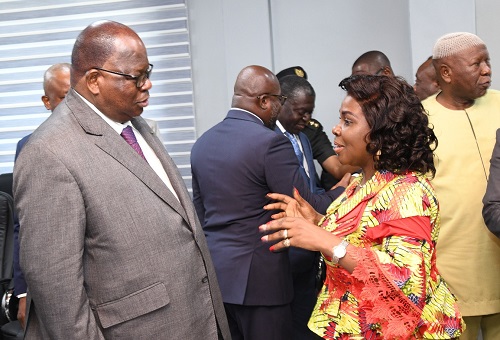 • Ms Cecilia Dapaah (right) interacting with Mr Laurent Tchagha