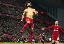 • Mohamed Salah celebrating one of his goals against United on Sunday
