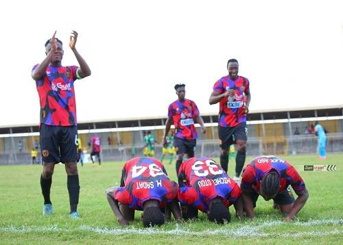 • Legon Cities players celebrate yesterday's win over Kotoku Royals