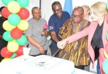 • Mr Kwaku Agyeman-Manu (second from right) and other dignitaries cutting the anniversary cake