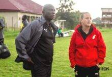 Black Queens coach, Nora Hauptle (right) was a guest at the Black Princesses training ground as she is locked in discussion with Yusif Basigi