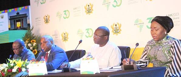 • Prof. Benedict Oramah (second from left) speaking at the press conference.Those with him are Dr Amin Adam (second from right),Dr Addison (left) and Ms Fatimatu Abubakar Photo: Ebo Gorman