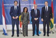 Mrs Shirley Ayokor Botchwey flanked by the Benelux Ministers during their visit. Photo. Vincent Dzatse