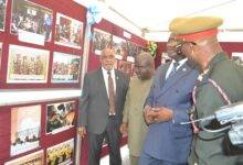 Viewing the photo exhibition are Mr Charles Abani, UN Resident Coordinator; Mr Kofi Amankwa-Manu, Deputy Minister of Defence;Mr Thomas Mbomba, Deputy Minister of Foreign Affairs and Regional Integration and Brigadier General Dzandu-Hedidor, Director General, Department of International Peace Support Operations of Ghana Armed Forces.