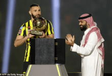 Benzema unveiled his Ballon d'Or award to the crowd inside the King Abdullah Sport City Stadium