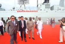 Mr Kofi Amankwa-Manu (third from left) with Mr Lu Kun (second from left) and Mr Seth Amoama (right) after inspecting the naval vessel Photo Godwin Ofosu-Acheampong