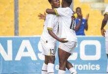 Badu (left) joined by Adubea to celebrate the third goal