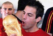 Fabregas celebrating with the World Cup trophy in South Africa 2010