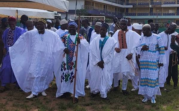 • Chief of the Fise Muslim community (left) with the Ga North Chief Imam and other members of the Fise Muslim community after the prayer session