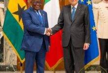 President Akufo-Addo (left) in a hand shake with President Sergio Mattarella
