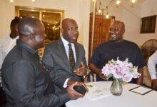 Mr Kojo Oppong Nkrumah(middle) in a chat with Mr Yaw Sarpong Boateng(right) and Mr Albert Dwomfour. Photo Godwin Ofosu-Acheampong