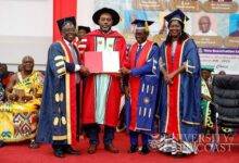 Dr Matthew Opoku Prempeh(second from left), with offials of UCC after the conferment of honorary doctorate degree at UCC