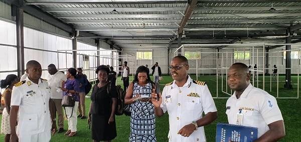 Naval Captain La Anyane (second from right) briefing the media on preparations at the exhibition centre.Photo Godwin Ofosu-Acheampong