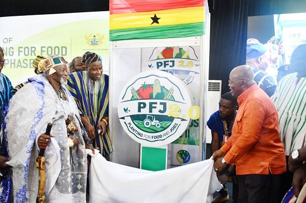 • President Akufo-Addo (right) being assisted by Yaa Naa Abubakari Mahama II (left) to launch the Planting for Food and Jobs phase II Photo: Geoffrey Buta