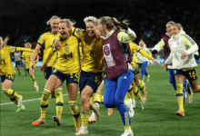 • Sweden players celebrating yesterday's dramatic win over the USA