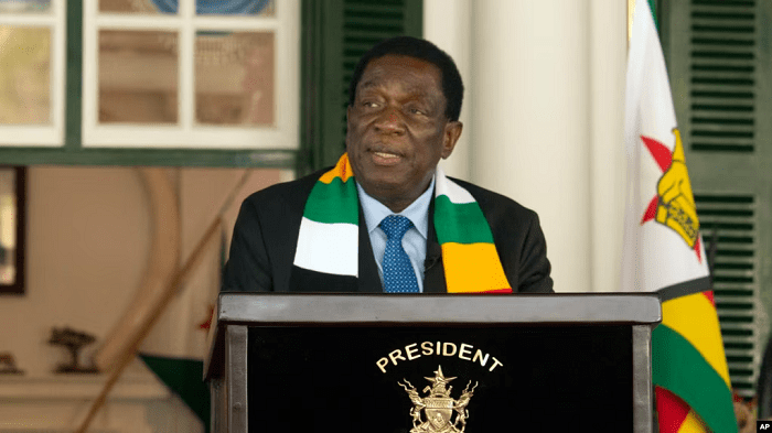 Zimbabwean President Emmerson Mnangagwa addresses a press conference at State House in Harare, Sunday, Aug. 27 2023. Authorities in Zimbabwe say President Emmerson Mnangagwa has been re-elected for a second and final term
