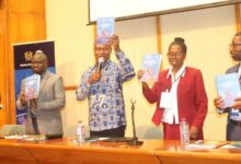• Prof. Charles Godfred Ackah (third from right), Prof. Samuel K. Annim (second from left), Dr Grace Bediako (second from right) and other dignitaries launching the trade vulnerability report Photo: Ebo Gorman