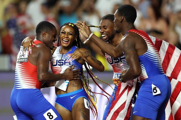 The US won men's and women's 4x100m relay gold at the World Athletics Championships