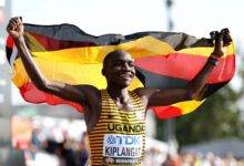 Victor Kiplangat celebrates after winning the men's marathon at the World Athletics Championships