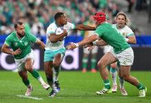 An exciting scene from the South Africa (in white tops) versus Ireland rugby blockbuster