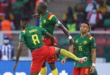 Captain Aboubakar (middle) joined by teammates to celebrates his goal