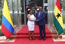 Vice-president Dr Mahamudu Bawumia shaking hands with Francia Marquez Mina (left), Vice-President of Columbia after bilateral talks at the Jubilee House..