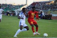 • Mohammed Kudus (20) appears to be in control against a Central African Republic opponent