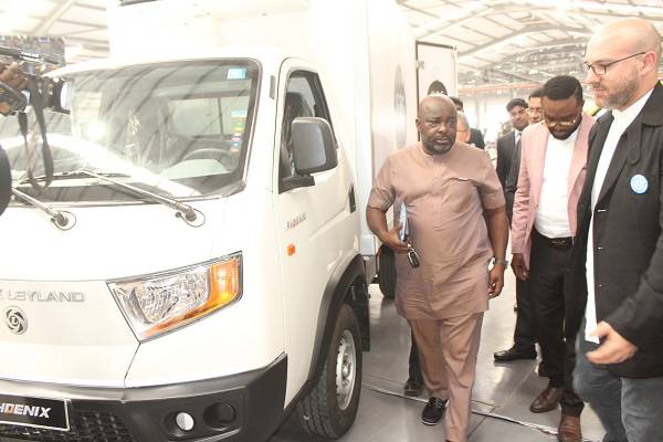 Mr Michael Okyere Baafi (third from right),Mr Kassem M. Odaymat (right) and other dignitaries inspecting the Phoenix Ashok Leyland truck at the unveiling ceremony.Photo. Ebo Gorman