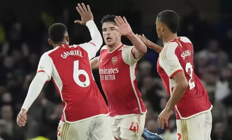 Arsenal players join Declan Rice to celebrate their first goal
