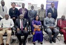 • Justice Date-Bah (seated second left), Dr Agyeman-Budu (seated second left), Prof. Mireku (seated from right) and other dignitaries after the lecture