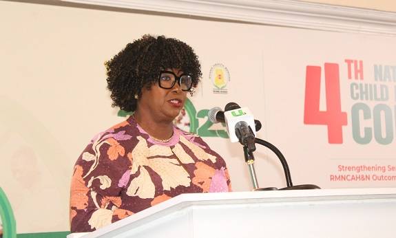 Ms Tina Gifty Naa Ayele Mensah (inset) speaking at the Maternal, Child Health and Nutrition (MCHN) conference. Photo. Ebo Gorman