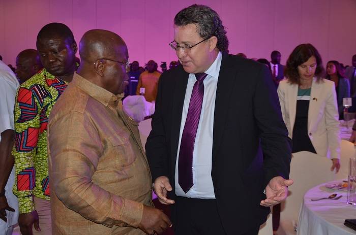 President Akufo - Addo in a chat with Mr Pierre Laporte(right) World Bank Country Director. Photo Godwin Ofosu-Acheampong