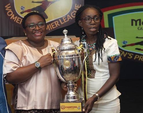 Madam Gifty Oware- Mensah (left) and Mrs Rosalind Amoh, with the WPL trophy