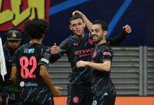 • Phil Foden (middle) celebrating his goal with Lewis and Silva