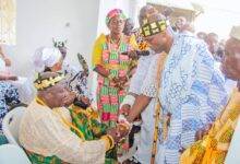 Torgbui Badu IV (right) greets Torgbui Dzisam after swearing the various oaths