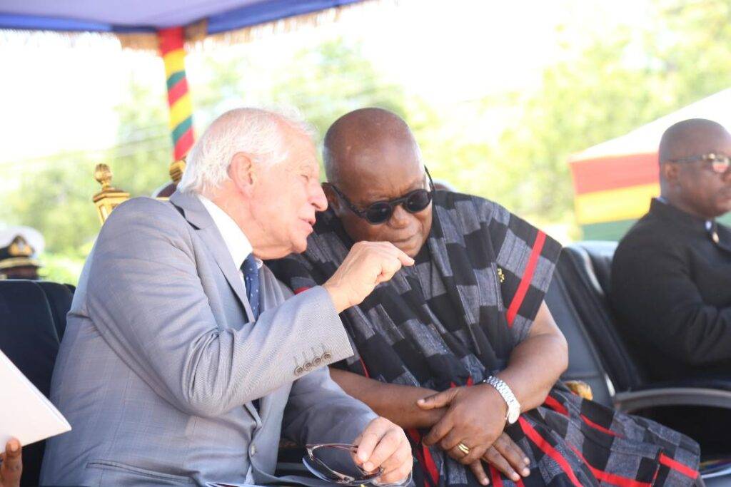 • President Akufo-Addo (right) in a tete-a-tete with Mr Jesep
Borrel Fontelles at the ceremony. Inset: Some of the vehicles