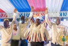 Dr Bawumia (second from right),Mr Kennedy Agyapong (second from left),Dr Afriyie Akoto (left) and Mr Francis Adai-Nimoh responding to cheers at the party Headoffice after the election