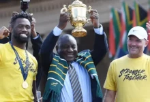 Fans turned out to see (from left to right) team captain Siya Kolisi, President Cyril Ramaphosa and head coach Jacques Nienaber lift the trophy