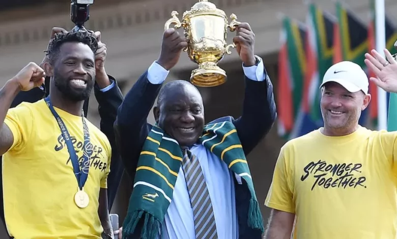 Fans turned out to see (from left to right) team captain Siya Kolisi, President Cyril Ramaphosa and head coach Jacques Nienaber lift the trophy