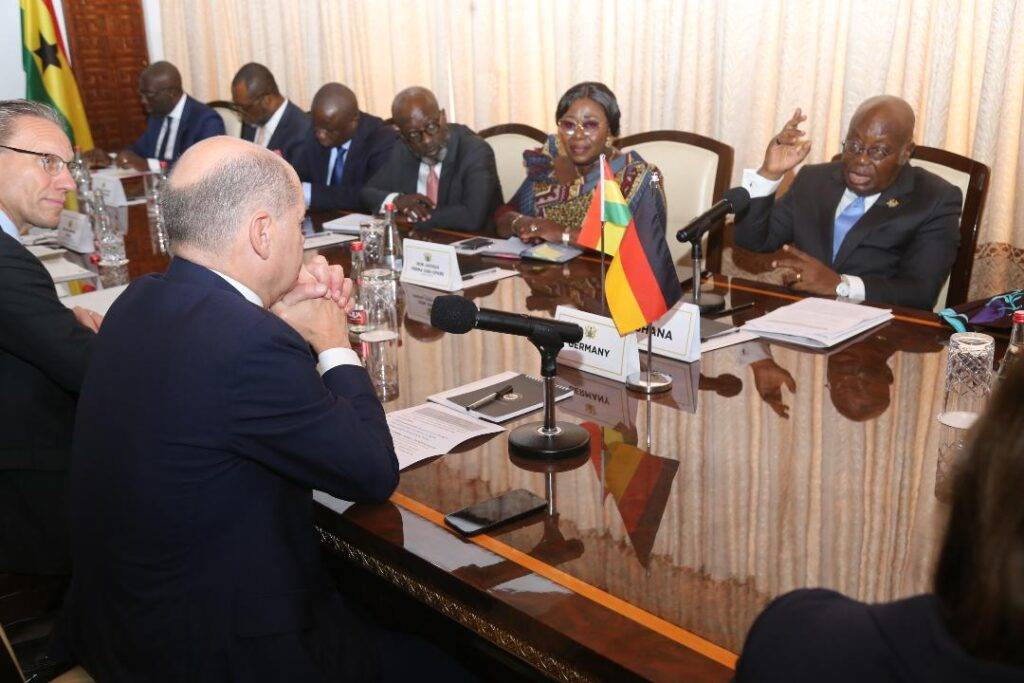 •
President Akufo-Addo (right) in a meeting with Mr Olaf Scholz (left) at the Jubilee House
