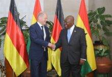President Akufo-Addo (left), in a handshake with Olaf Scholz, German Chancellor at the Jubilee House