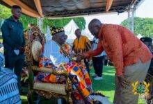 AnloTogbi Sri III(seated) welcoming President Akufo-Addo to the durbar grounds