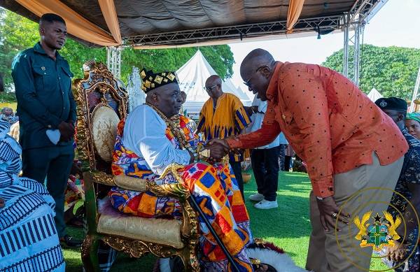 AnloTogbi Sri III(seated) welcoming President Akufo-Addo to the durbar grounds