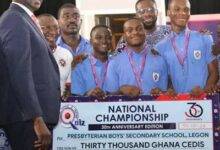 PRESEC in historic 8th NSMQ triumph The Presbyterian Boys' Secondary School (PRESEC) on Monday won the 2023 edition of the National Science and Maths Quiz (NSMQ) competition held in Accra. PRESEC beat Achimota and Opoku Ware schools, who placed second and third respectively, to clinch the title for the 8th in the history of the competition. PRESEC won the competitions in 1995, 2003, 2006, 2008, 2009, 2020 and 2022. Aside from the converted trophy, the school received a total cash prize of GH¢70,000, and prizes from the sponsors; Achimota received GH¢50,000 and GH¢35,000 went to Opoku Ware School. It was an exciting contest at the National Theatre as students, old students, teachers and other stakeholders were kept on the edge of their seats until the end of the contest. The competition dominated discussion on social media as it ignited old school rivalry in a comical way. Present at the grand finale were the Minister of Information, Mr Kojo Oppong-Nkrumah who represented the President, Nana Addo Dankwa Akufo-Addo as the guest of honour, and the Education Minister, Dr Yaw Osei Adutwum. After a keen contest in round one and two, PRESEC and Achimota School had 25 points each in the 3rd round, leaving behind Opoku Ware School which started the contest on a good note. However, the Presbyterian Boys were able to come hard during the 4th and 5th rounds and pulled a total of 40 points, to become champions for two consecutive times. Achimota had 28 points, and Opoku Ware School, 23 points. Mr Oppong-Nkrumah in his brief remark thanked the organ¬isers for the educative programme, and congratulated the finalists and schools that participated in the competition. He urged schools that could not make it to the finals to be more committed to their books, so they could also participate and make it to the finals next year. Dr Adutwum said the gov¬ernment had invested massively invested in Science, Technology, Engineering and Mathematics, and that, the performances of the students were an indication that the government was doing well in the education sector. The Managing Director of Primetime Limited, Nana Akua Mensa-Bonsu, appealed to the government to come to their aid, to make the competition more attractive as sponsorship was becoming a challenge. • Dr Yaw Osei Adutwum (left) presenting a dummy cheque to the NSMQ winners, PRESEC, Legon