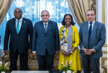 Prof. Benedict Oramah (first left) President & Chairman of Afreximbank, With Ahmed Samir Saleh, Minister of Trade and Industry of Egypt and Mrs. Kanayo Awani, Exec. VP, IATB, and Mr. Yahya Elwathik Bellah, Deputy Minister of Trade after the opening