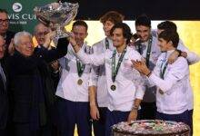 • Team Italy celebrate with the Davis Cup