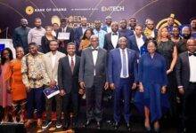 Dr Bawumia (third right front) and Dr Addison (fourth left) with other dignitaries and the award winners during the programme • Mr Baffour-Awuah addressing the conference and behind him are some union leaders and management of Anglo Gold Ashanti, Obuasi. leadership in the digital transformation