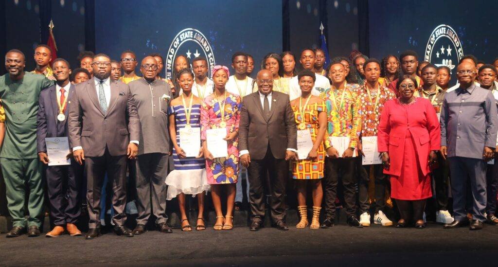 • President Akufo-Addo (middle), Mrs Frema Osei Opare (second from right), Mr Archibald Letsa (right), and other guests with the award winners